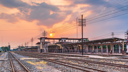 Fototapeta na wymiar outdoor landscape railway train station sunset background