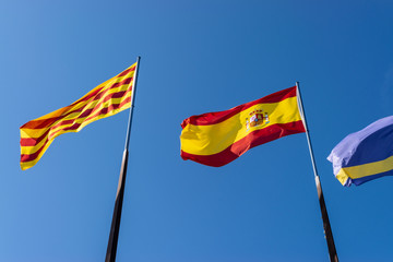 Flags of the city of Salou, Spain, Catalonia and The European Union