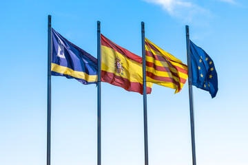 Flags of the city of Salou, Spain, Catalonia and The European Union