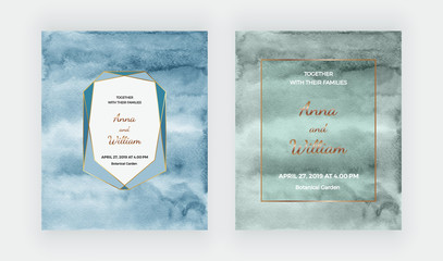 Watercolor wedding invitation cards with polygonal frame. Modern hand painting template for card banner, flyer, poster, save the date, greeting.
