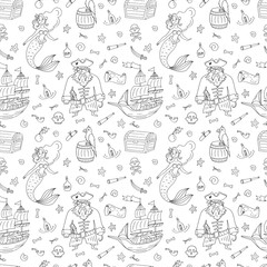 Seamless pattern for coloring book with pirate with white background