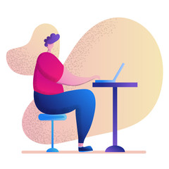 Man is sitting in the office workplace or cafe with laptop . man working on a laptop computer at his clean and sleek office desk. Flat style color modern vector illustration