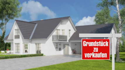 Grundstück zu verkaufen mit Haus und Garten - obrazy, fototapety, plakaty