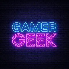 Plakat Gamer Geek Neon Text Vector. Gaming neon sign, design template, modern trend design, night signboard, night bright advertising, light banner, light art. Vector illustration