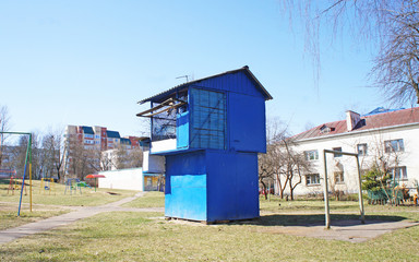 Dovecote. Blue house where pigeons live in the yard.