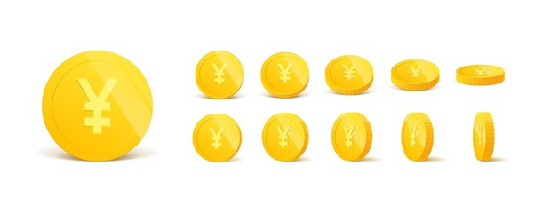 Cryptocurrency. 3d realistic gold coins set on white in different positions .Money isolated on white. Vector illustration.