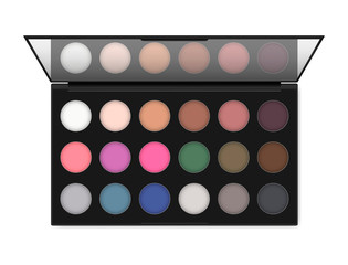 Professional make-up eyeshadow palette isolated on white background, realistic illustration. Color eye shadow kit. Open makeup container with mirror, vector template