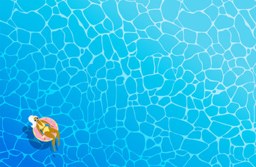 Obraz premium Blond woman in a yellow swimsuit and sunglasses on an inflatable circle in the form of a donut swims in the sea or pool. View from above. Flat vector illustration. Minimalism.