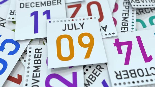 July 9 date on calendar leaf among other leaves, 3D animation