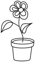 Flower in pot outline vector icon. Coloring book page for children.