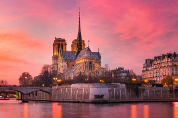 Cathedral of Notre Dame de Paris at sunset, France - obrazy, fototapety, plakaty