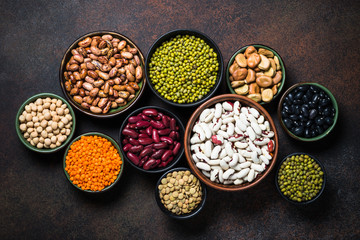 Legumes, lentils, chikpea and beans assortment.