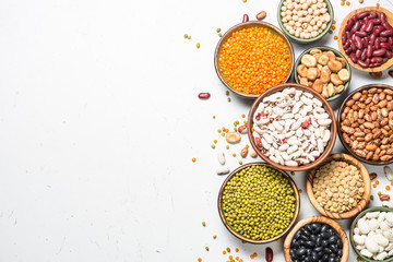 Legumes, lentils, chikpea and beans assortment on white.