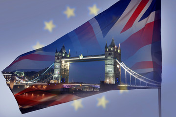 UK flag, EU flag and Tower bridge
