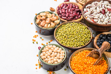 Legumes, lentils, chikpea and beans assortment on white.