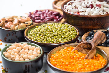 Legumes, lentils, chikpea and beans assortment on white.