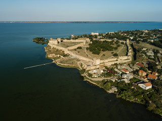 Aerial top view to Akkerman fortress which is on the bank of the Dniester estuary, in Odessa region.