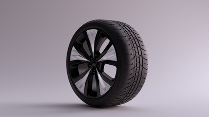 Black an White Alloy Rim Wheel with 5 Detailed Flared Spokes Open Wheel Design with Racing Tyre 3d illustration 3d render