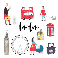 Big set of cure and fun hand drawn elements and sights of London. Vector illustration.