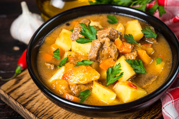 Goulash with meat and vegetables. Beef stew.