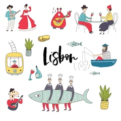 Große Auswahl an heilenden und lustigen handgezeichneten Elementen und Sehenswürdigkeiten von Lissabon. Vektor-Illustration. © Oksana Stepova
