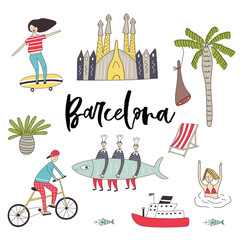 Big set of cure and fun hand drawn elements and sights of Barcelona. Vector illustration.