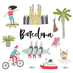 Große Auswahl an heilenden und lustigen handgezeichneten Elementen und Sehenswürdigkeiten von Barcelona. Vektor-Illustration. © Oksana Stepova