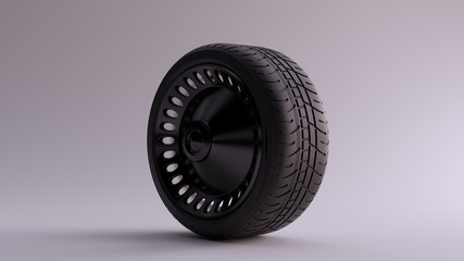 Black Alloy Rim Wheel with a Closed Retro Wheel Design with Racing Tyre 3d illustration 3d render