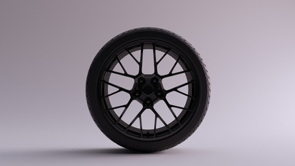 Black Alloy Rim Wheel with a Complex Multi Spokes Open Wheel Design with Racing Tyre 3d illustration 3d render