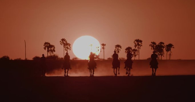 Spectacular view of a Group of horse riders riding into the palm treed orange sunset of the Makgadikgadi salt Pans with 