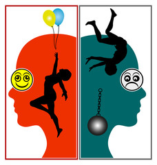 Symptoms of bipolar disorder. Woman between abnormally elevated mood and deep depression.