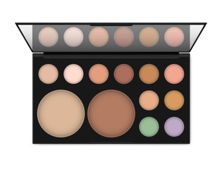 Professional make-up palette isolated on white background, realistic illustration. Eyeshadow or concealer, powder kit. Open makeup case with mirror, vector template