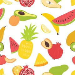 Summer seamless pattern with delicious sweet exotic fruits on white background. Vegan backdrop with organic wholesome food. Flat vector illustration for wrapping paper, textile print, wallpaper.