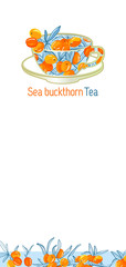 Template for brand mint tea company, factory of tea, shop, bar. Tea Branding with Cup of tea with Sea buckthorn. Design element for business card, banner, template, brochure template.