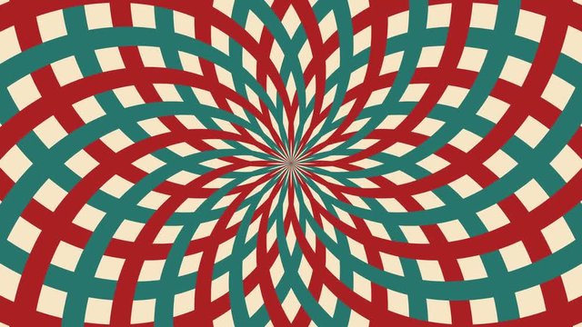 Hypnotic circus animated rotation looped background of red and green lines stripe. Retro motion graphic sun beam ray. Vintage fun fair burst. Carnival abstract circle