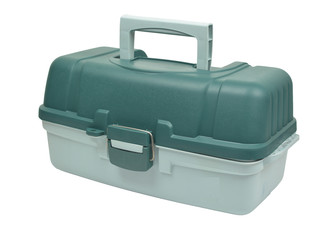 Box for fishing lures on white background