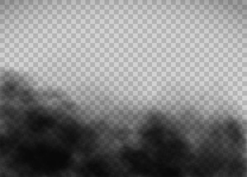 Black smoke texture on a transparent background. Template exhaust gas.