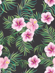 Tropical vector seamless background. Jungle pattern with flowers, monstera and palm leaves. Stock vector.