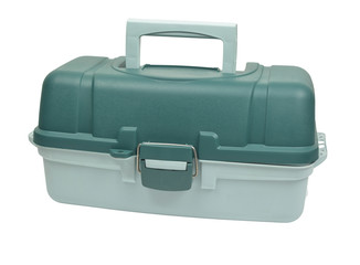 Box for fishing lures on white background