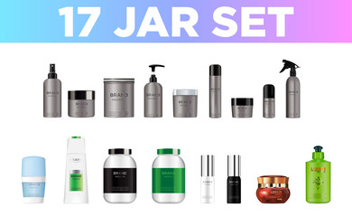 Set vector blank templates empty and clean multicolor plastic and glass containers:  bottles with spray, dispenser and dropper, cream jar, tube.  Realistic mockup of cosmetic package. #8.