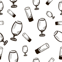 Wineglasses seamless sketch pattern. Hand drawn wine glasses on white background. Wallpaper pattern, doodle of glasses. 
