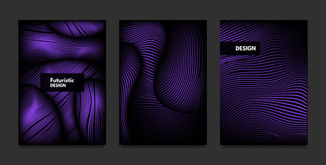 Distortion of Stripes. Abstract Backgrounds with Vibrant Gradient and Wave Lines. Ultraviolet Cover Templates Set with Volume and Metallic Effect. Distorted Shapes for Business Presentation, Brochure.