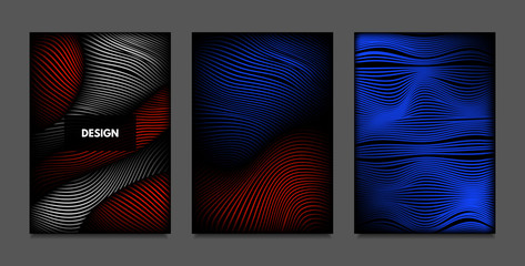 Distortion of Lines. Abstract Backgrounds with Vibrant Gradient and Wavy Stripes. Futuristic Cover Templates Set with Volume and Metallic Effect. Distorted Shapes for Business Presentation, Brochure.