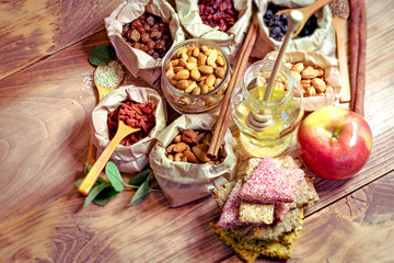 Healthy organic food,  healthy vegetarian food on wooden table