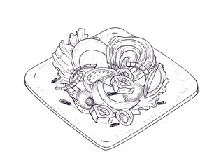 Appetizing salad with vegetables and fish on plate hand drawn with contour lines on white background. Wholesome meal made of anchovies, tomatoes, eggs, olives. Dietary nutrition. Vector illustration.
