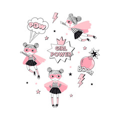 Cartoon Supergirl characters and elements t-shirt graphic print. Girlish Pink Super Hero themed vector doodle graphics. Perfect for little girl design like textile fabric print birtday party art wall