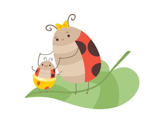 Happy Ladybug Family, Mother Ladybug and Her Baby Sitting on Green Leaf, Cute Cartoon Flying Insects Characters Vector Illustration
