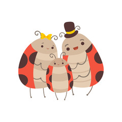 Ladybug Family, Cheerful Mother, Father and Their Baby Standing Together, Cute Cartoon Insects Characters Vector Illustration