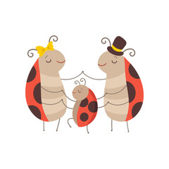 Ladybug Family, Cheerful Mother, Father Ladybugs and Their Baby Holding Hands, Cute Cartoon Insects Characters Vector Illustration