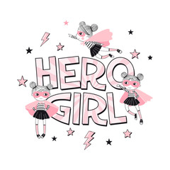 Hero Girl typhographic print with little cartoon supergirl characters. Girlish Pink Super Hero themed vector doodle graphics. Perfect for little girl design like t-shirt textile fabric print birtday